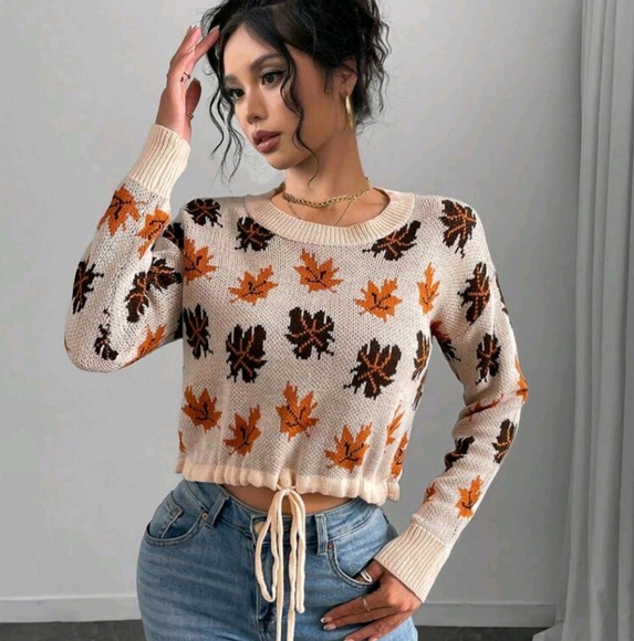 Casual Maple Leaf Graphic Drawstring Hem Short Sweater, Autumn/Winter - Picture 3 of 3